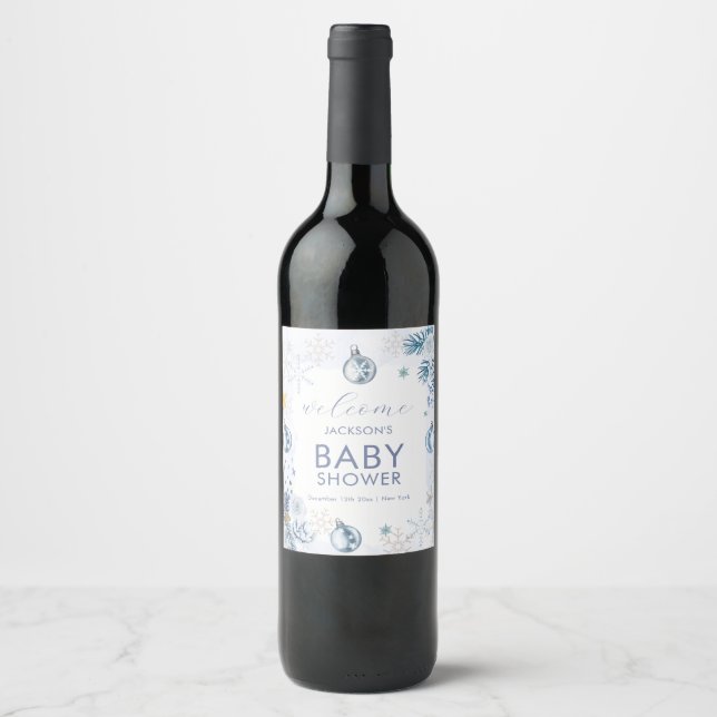 Blue Snowflake Flower Winter Baby Shower Welcome Weinetikett (Vorderseite)