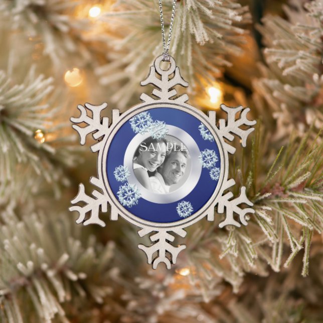 Blue Snowflake Fotovorlage Weihnachten Schneeflocken Zinn-Ornament (Baum)