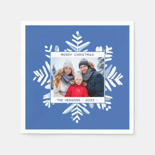 Blue Snowflake Frohe Weihnachten Familie Foto Holi Serviette (Vorderseite)