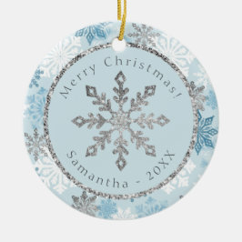 Blue Snowflake Personalized Name Date Keramik Ornament