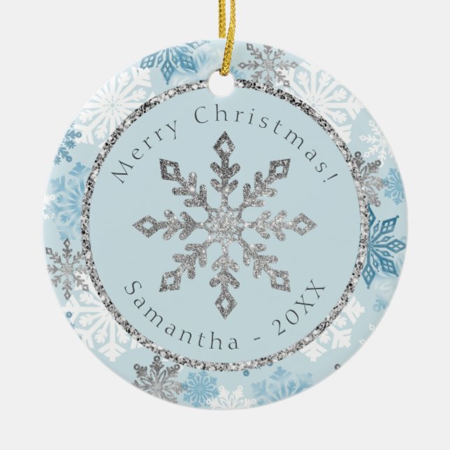 Blue Snowflake Personalized Name Date Keramik Ornament (Vorne)
