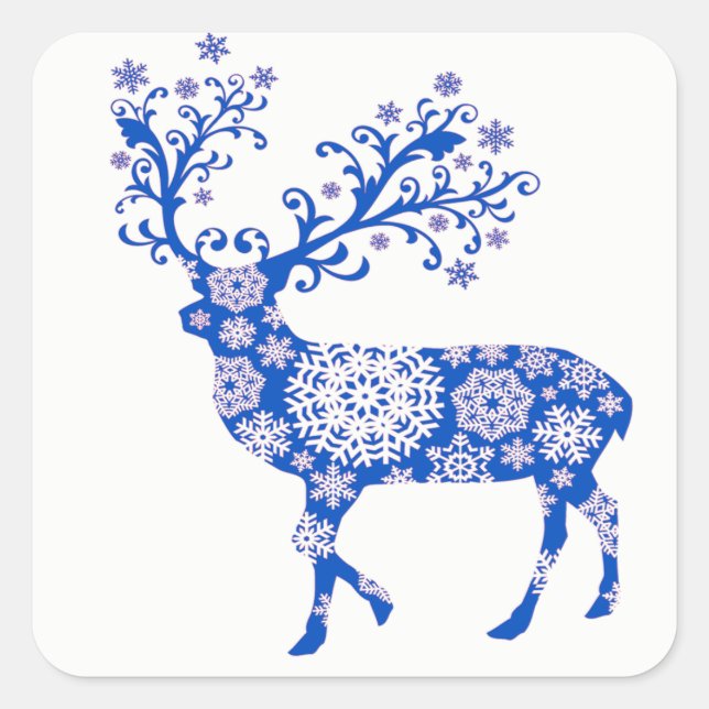 Blue Snowflake Rentierfest Weihnachten Quadratischer Aufkleber (Vorderseite)