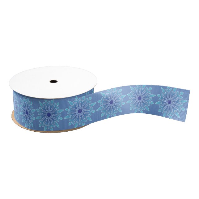 Blue Snowflake Solid Blue Grosgrain Ribbon Ripsband (Spule)