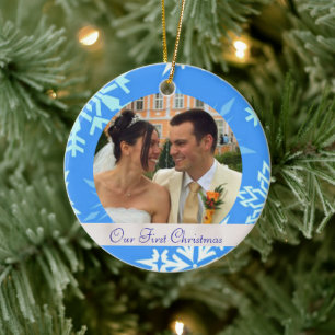 Blue Snowflake Unser erstes Weihnachts-Foto-Orname Keramik Ornament