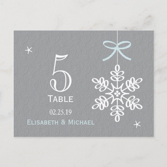 Blue Snowflake Wedding Reception Tischnummer Card (Vorderseite)