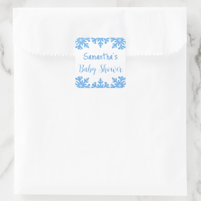 Blue Snowflake Winter Boy Baby Dusche Quadratischer Aufkleber (Tasche)