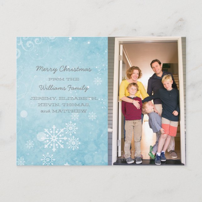 Blue Snowflake Wirbel Holiday Foto Postkarte (Vorderseite)