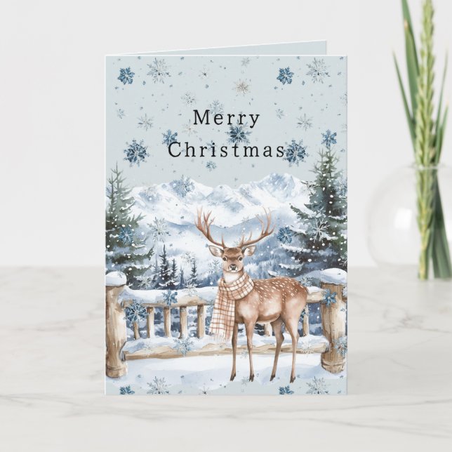Blue Snowflakes Christmas Deer Karte (Vorderseite)