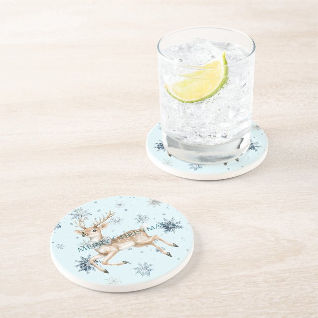 Blue Snowflakes Christmas Deer with Bow Getränkeuntersetzer (Seite)