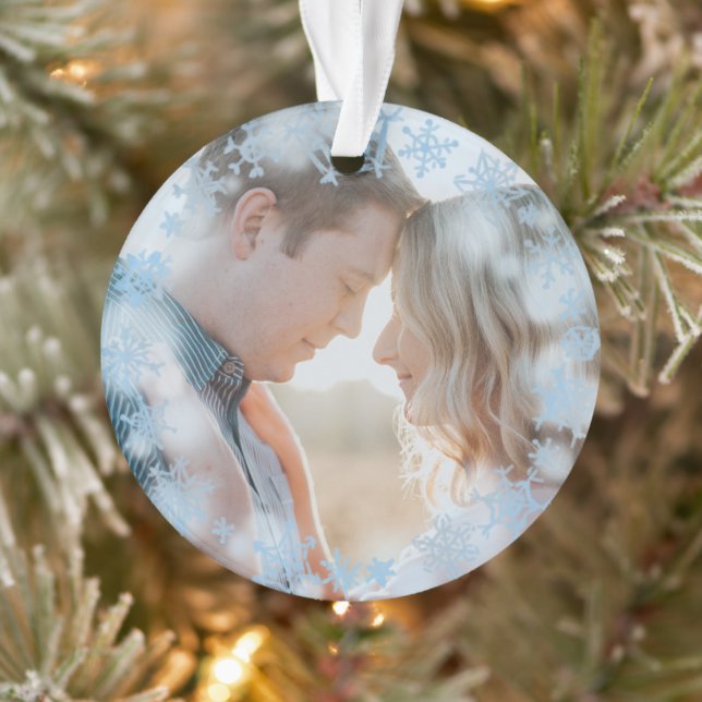 Blue Snowflakes Erste Weihnachten Verheiratetes Fo Ornament (Baum)
