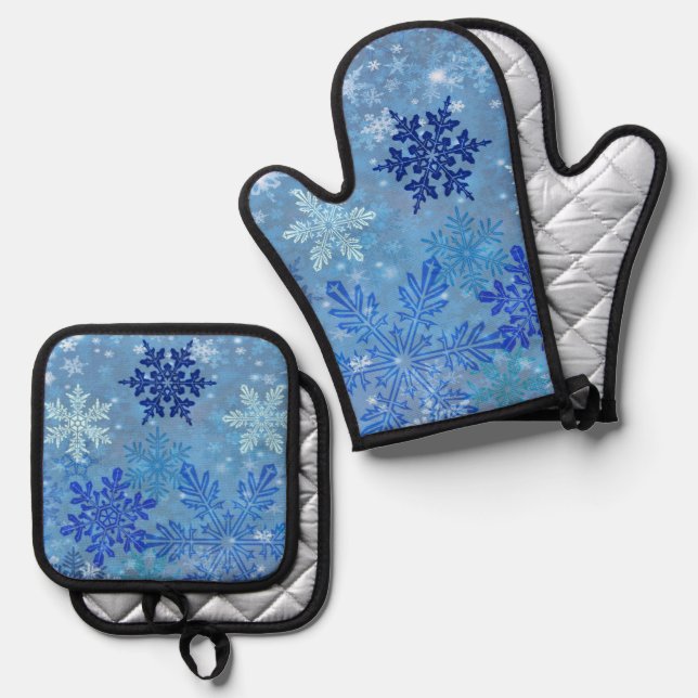 Blue Snowflakes Oven Mitt & Pot Holder Set (Vorderseite/Rückseite)