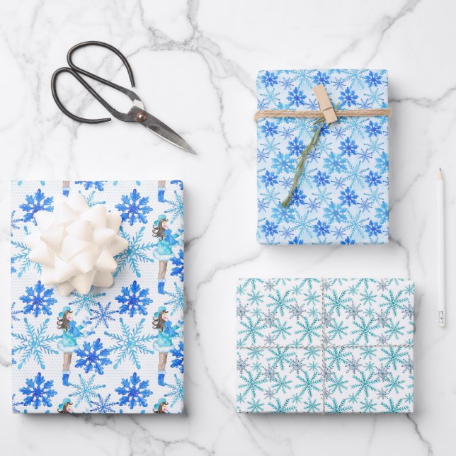 Blue Snowflakes Wasserfarben Geschenkpapier Set (Vorderseite)