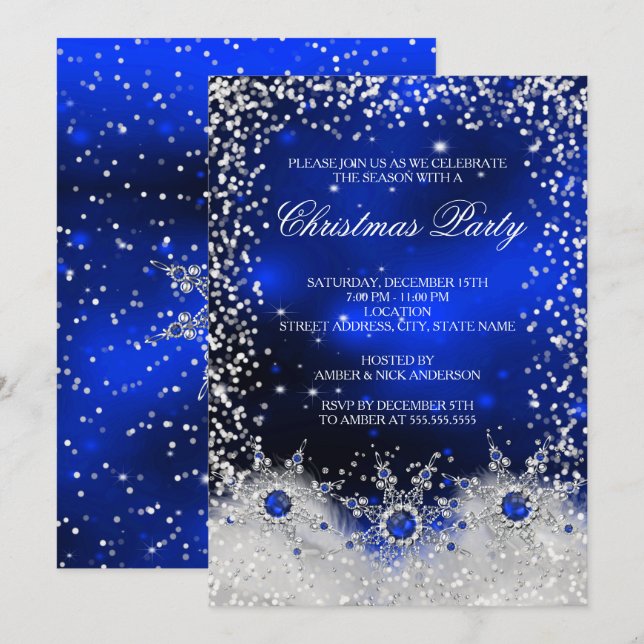 Blue Snowflakes Weihnachtsfeier Einladung (Vorne/Hinten)