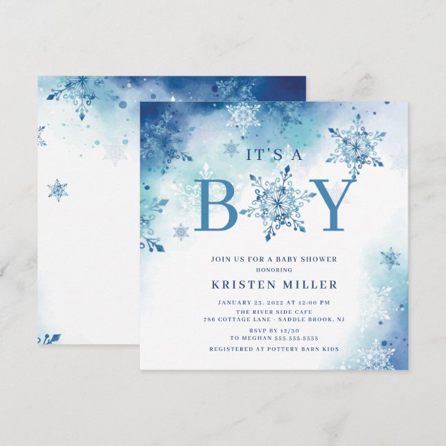 Blue Snowflakes Winter Es ist Boy Baby Dusche Einladung (Vorne/Hinten)