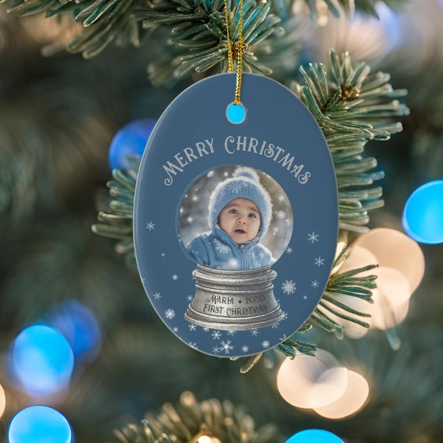 Blue Snowglobe Snowflake Foto Keramik Ornament (blue snowglobe  snowflake ornament)