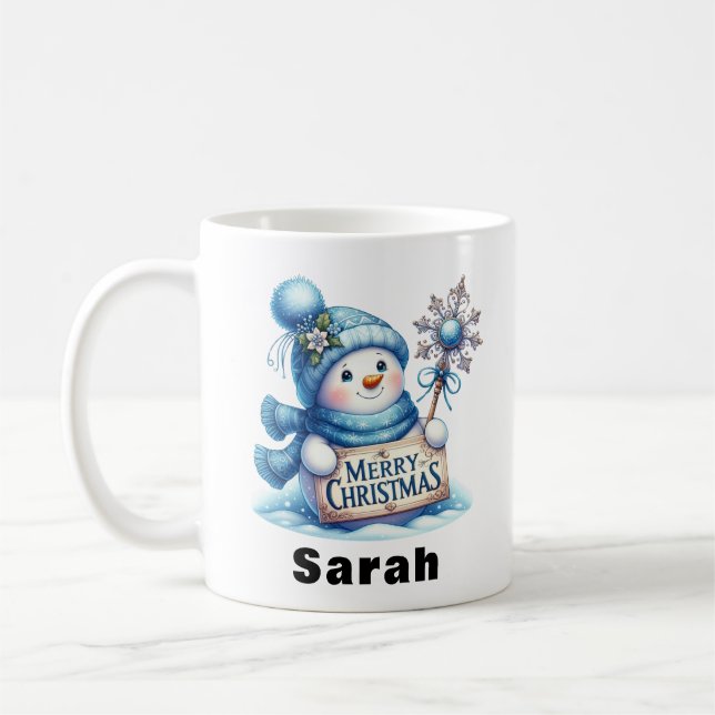 Blue Snowman Frohe Weihnachtszeichen Kaffeetasse (Links)