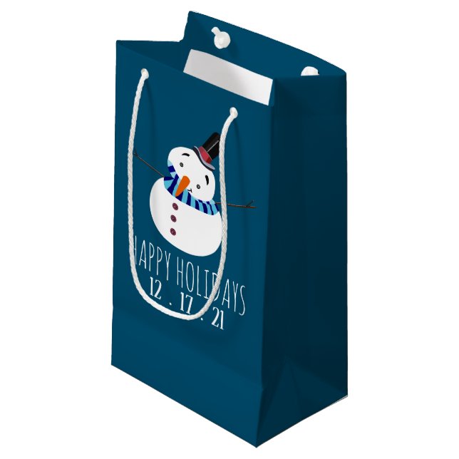 Blue Snowman, Happy Holidays Kleine Geschenktüte (Vorderseite Schrägansicht)