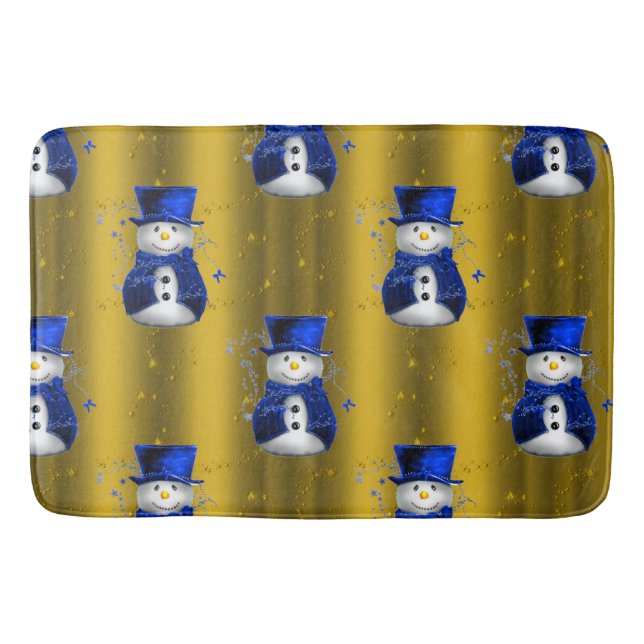 Blue Snowman on Gold Christmas Badematte (Vorderseite)