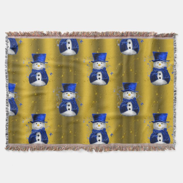 Blue Snowman on Gold Christmas Decke (Vorderseite)
