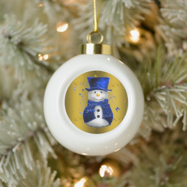 Blue Snowman on Gold Christmas Keramik Kugel-Ornament (Baum)