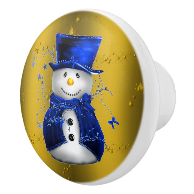 Blue Snowman on Gold Christmas Keramikknauf (Rechts)
