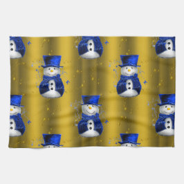 Blue Snowman on Gold Christmas Küchentuch