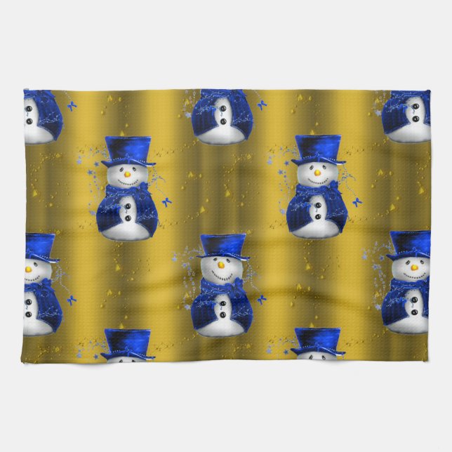 Blue Snowman on Gold Christmas Küchentuch (Horizontal)