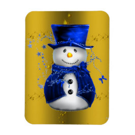 Blue Snowman on Gold Christmas Magnet
