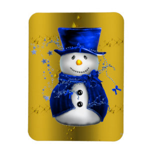 Blue Snowman on Gold Christmas Magnet