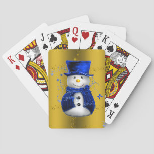 Blue Snowman on Gold Christmas Spielkarten