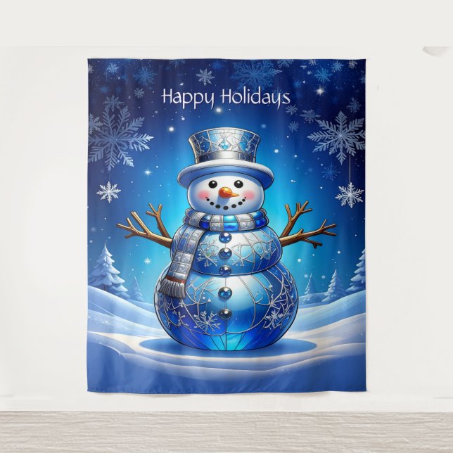 Blue Snowman Snowflakes Holiday Backdrop Wandteppich (Vorderseite)