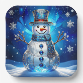 Blue Snowman Snowflakes Holiday Paper Plate Pappteller