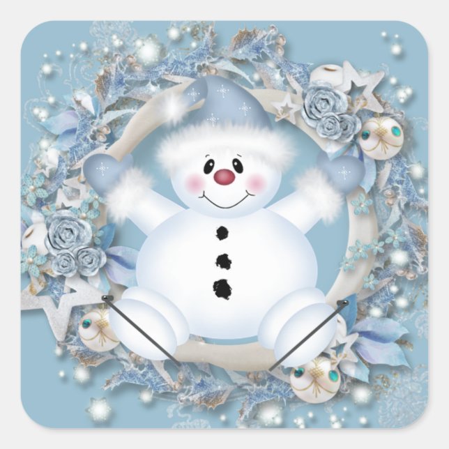Blue Snowman Square Sticker (Vorderseite)