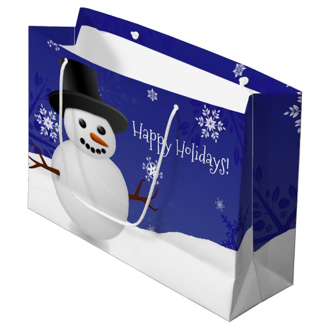 Blue Snowman Winter Landschaft Weihnachtsgeschenk  Große Geschenktüte (Vorderseite Schrägansicht)