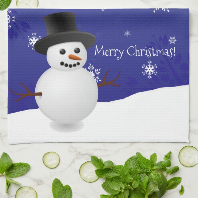 Blue Snowman Winter Scene Weihnachtsküche Handtuch (Gefaltet)