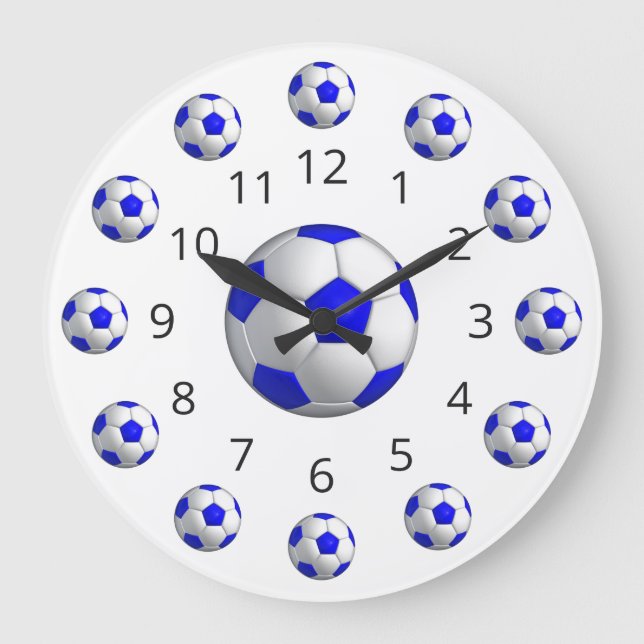 Blue Soccer Ball Atom Clock with Numbers Große Wanduhr (Vorderseite)