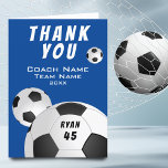 Blue Soccer Fußball Sport Danke Coach Card<br><div class="desc">Blue Soccer Football Sports Vielen Dank Coach Card. Fußball Dankeschön Coach Karte mit Coach Name,  Mannschaftsname,  Jahr,  Spielername und Spielernummer. Vielen Dank für die Karte für die Fußballmannschaft Coach!</div>