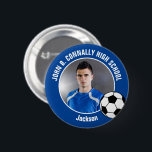 Blue Soccer Player Photo High School Spirit Button<br><div class="desc">This cool customized high school soccer player photo gift features white typography of your team and player name on a blue button with a soccer ball. Personalize with your student's photograph and class year as a proud futbol parent. A mom and dad can wear these buttons to sports games.</div>