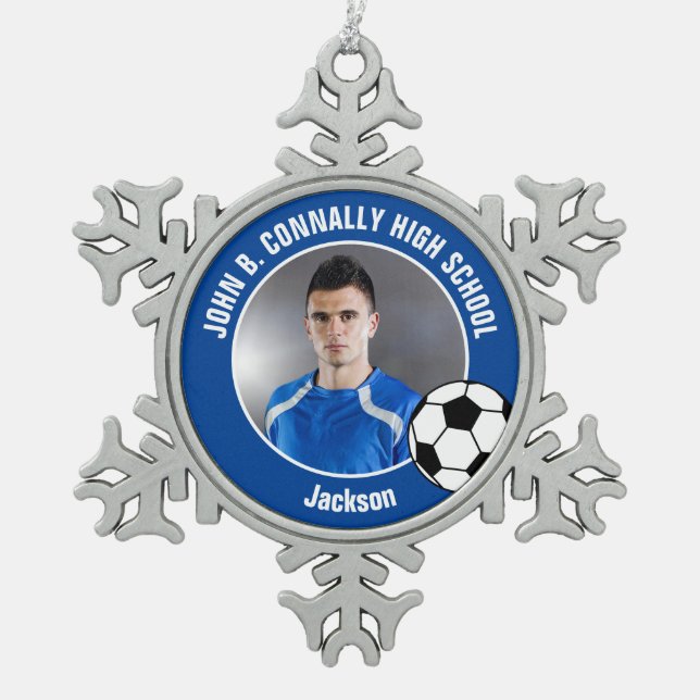 Blue Soccer Player Photo High School Spirit Schneeflocken Zinn-Ornament (Vorderseite)