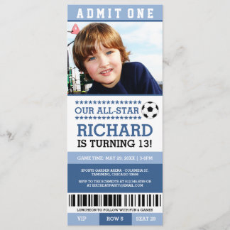 Blue Soccer Ticket Geburtstag Einladung