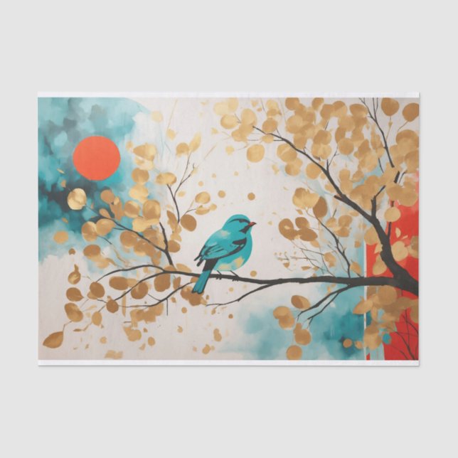 Blue Songbird auf der Zweigstelle des Golden Blätt Seidenpapier (Vorderseite)
