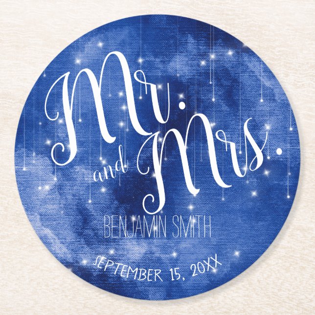 Blue Space Galaxy Stars Night Sky Wedding Runder Pappuntersetzer (Vorderseite)
