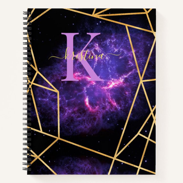 Blue Space Gold Glitzer Sparkname Monogram Notizbuch (Vorderseite)