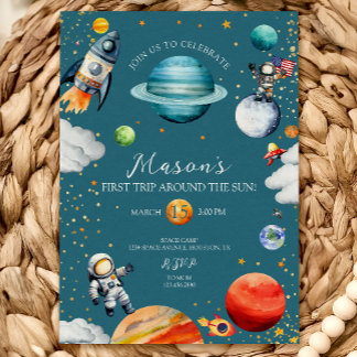 Blue Space Rocket & Astronaut 1st Trip Around Einladung