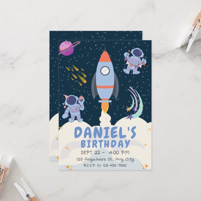 Blue Space & Rockets Geburtstag Einladung (Vorderseite/Rückseite Beispiel)