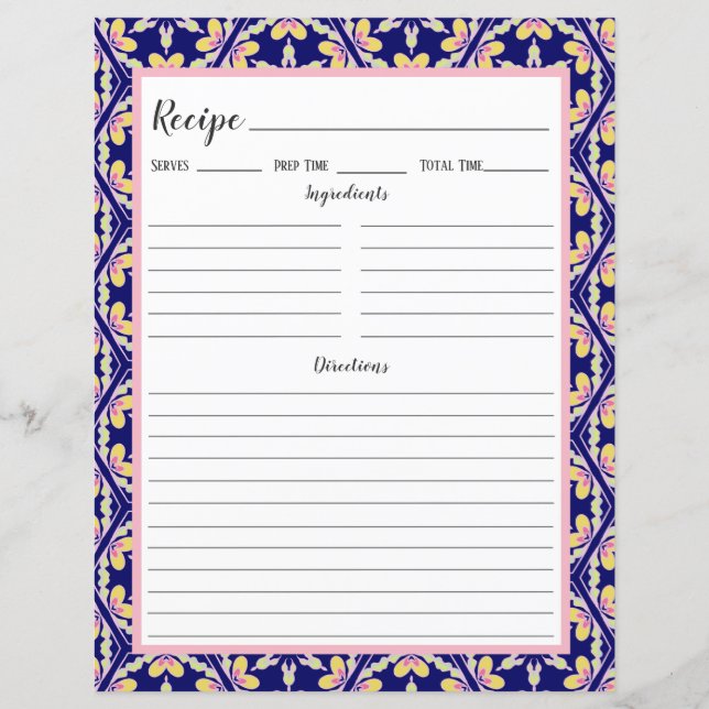 Blue Spanish Mediterrane Tile Recipi Binder Page (Vorderseite)