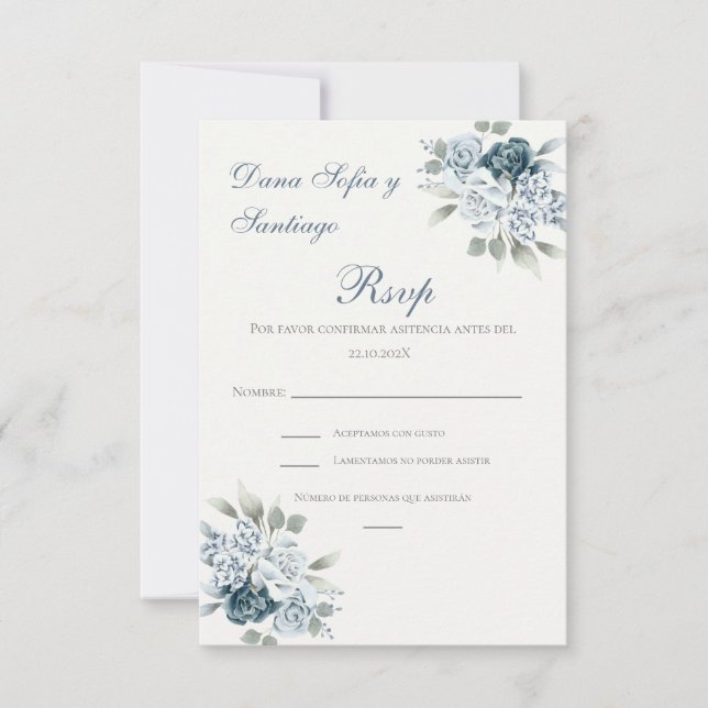 Blue Spanish Wedding RSVP Karte (Vorderseite)