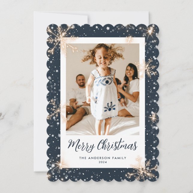 Blue Sparkflake Snowflake Photo Joyeuse carte de N (Devant)
