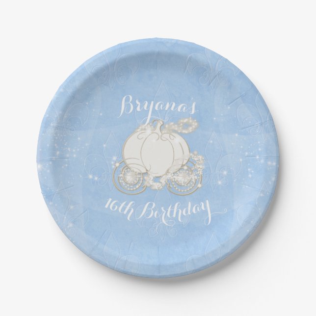 Blue Sparkle Carriage Elegantes Aschenputtel Party Pappteller (Vorderseite)