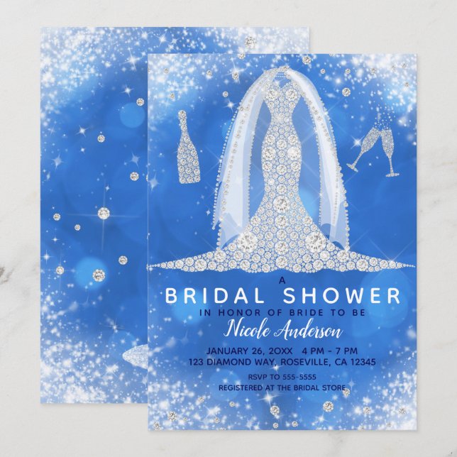 Blue Sparkle Diamond Wedding Dress Brautparty Einladung (Vorne/Hinten)
